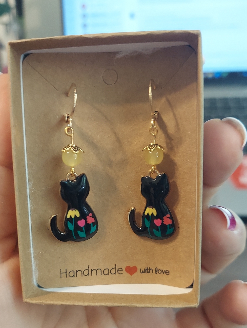 Handmade Black Cat Floral Dangle Earrings - Yellow Accent